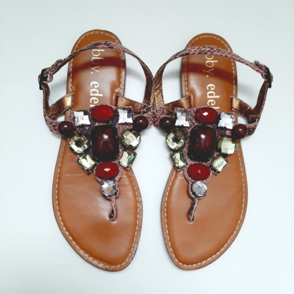 🍒 LIBBY EDELMAN Gertie Snakeskin Jeweled Pink Thong Sandals Sz 8.5 M